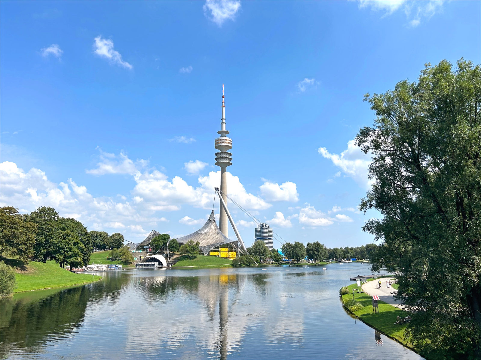 Olympic tower behind the lake